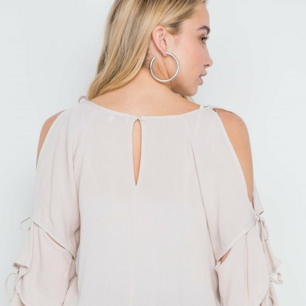 Anthro Cold Shoulder Cascading Bell Tie Sleeve Top - Picture 6 of 8
